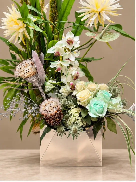 Sculptural arrangement with pale roses, orchids and foliage