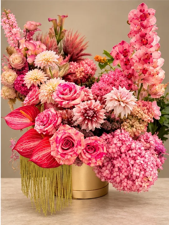 Pink floral arrangement with roses, orchids and hydrangeas
