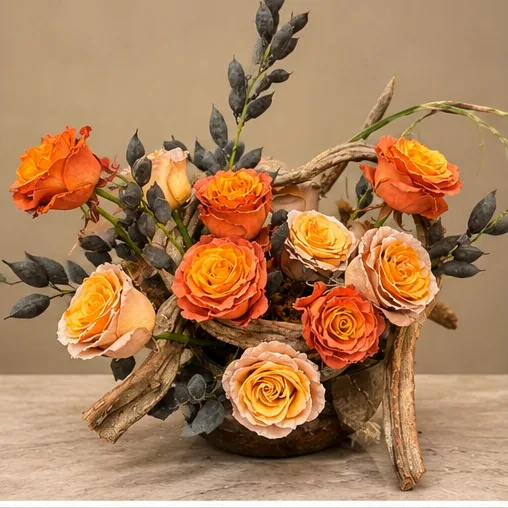 Warm seasonal rose composition
