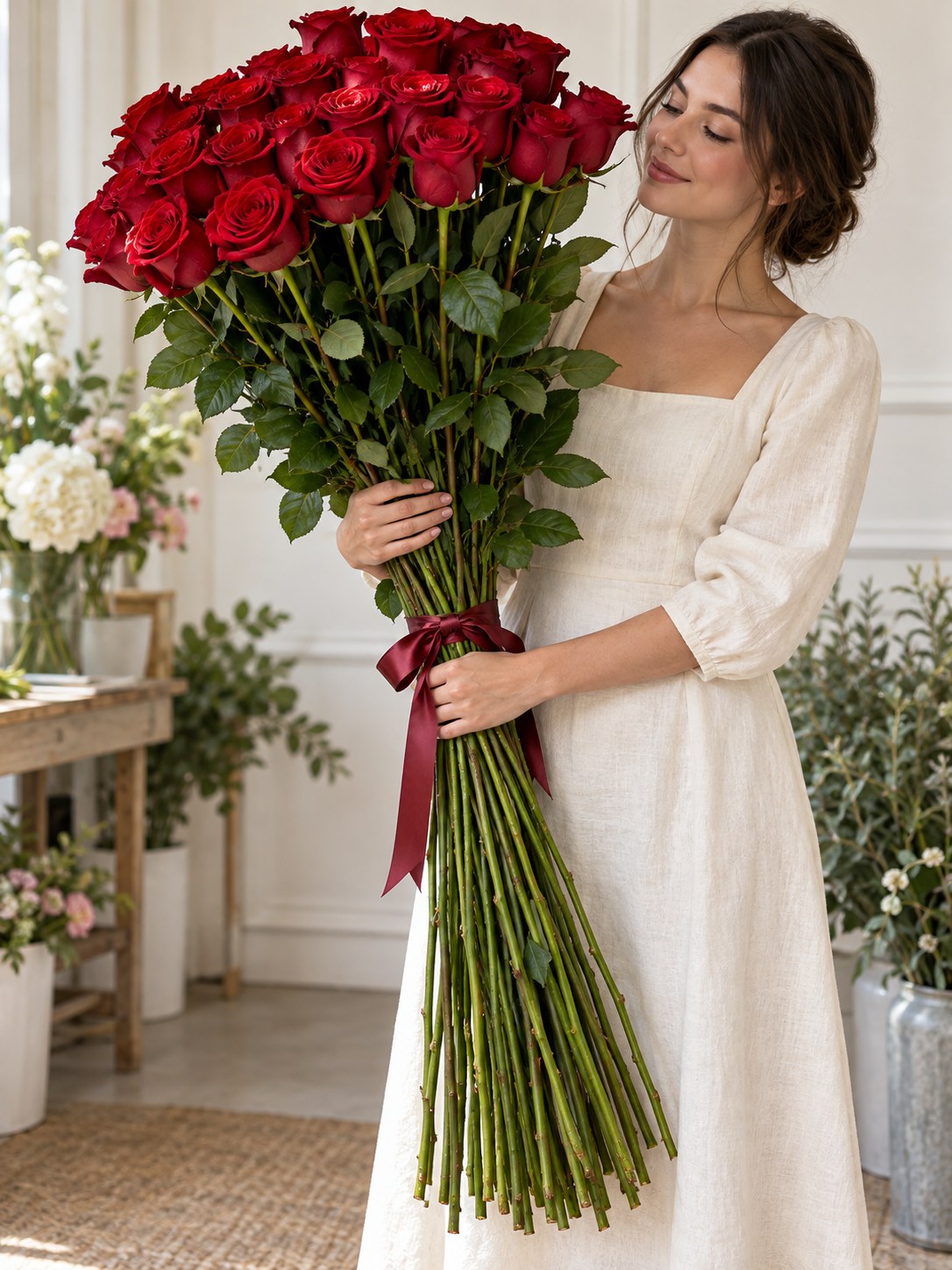 Illustrative long-stem red rose bouquet held by a florist